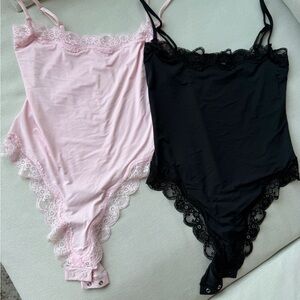 Lace-Trim Cami Bodysuit Duo - Pink & Black